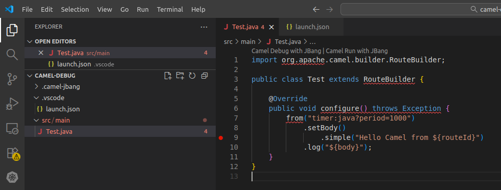 Add a breakpoint to a Camel application on Kubernetes